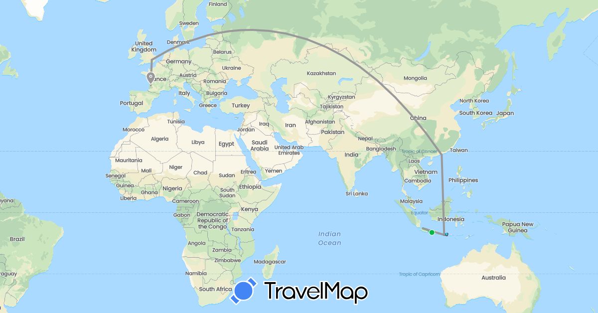 TravelMap itinerary: driving, bus, plane, boat, motorbike in France, United Kingdom, Hong Kong, Indonesia (Asia, Europe)
